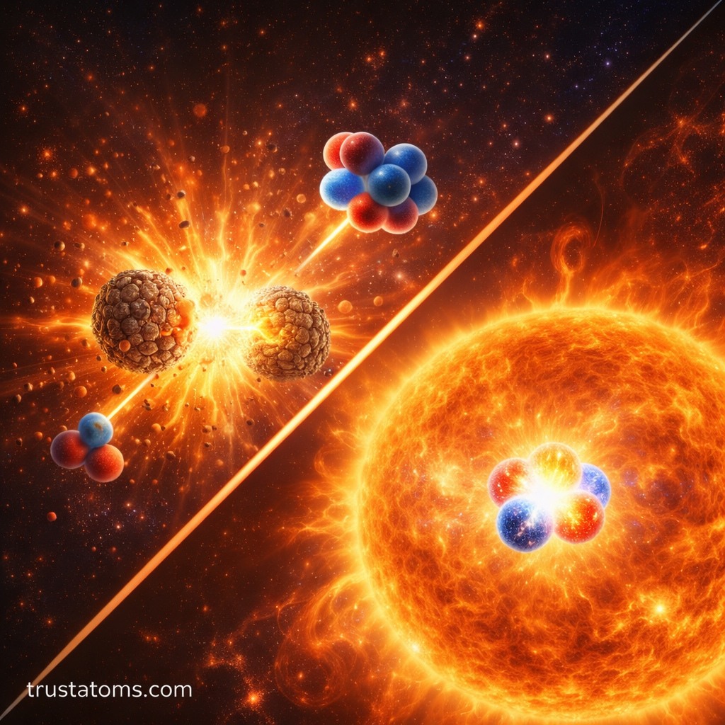 Diagonal split illustration showing nuclear fission on one side and stellar fusion inside a star on the other, representing mass–energy equivalence in modern physics with trustatoms.com watermark.