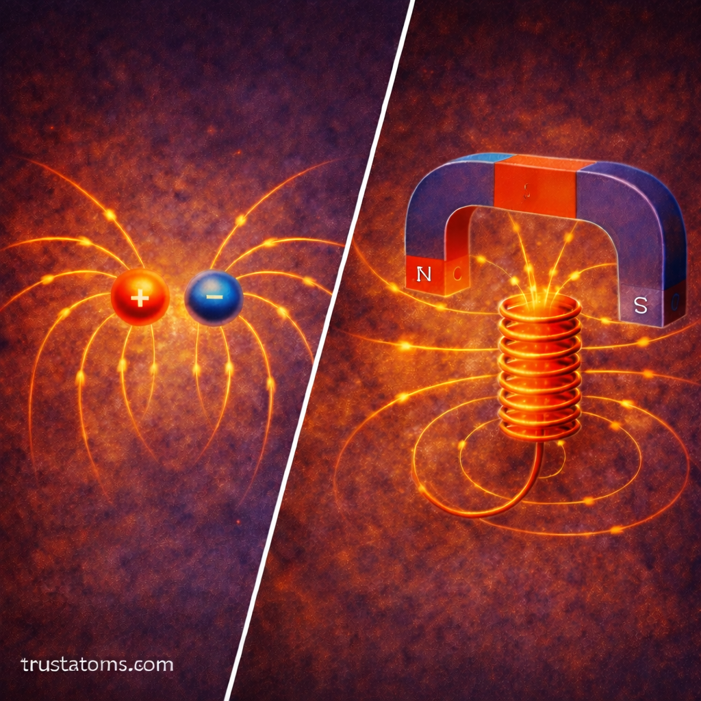 Diagonal split illustration showing electric field lines between positive and negative charges and a horseshoe magnet with a single N and S pole inducing a current in a coil, trustatoms.com.