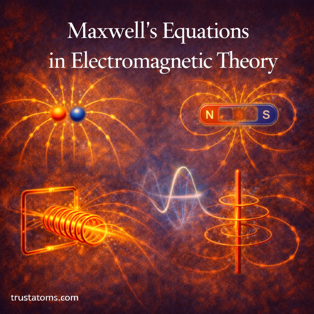 Diagonal split illustration showing electric field lines between positive and negative charges and a horseshoe magnet with a single N and S pole inducing a current in a coil, trustatoms.com.