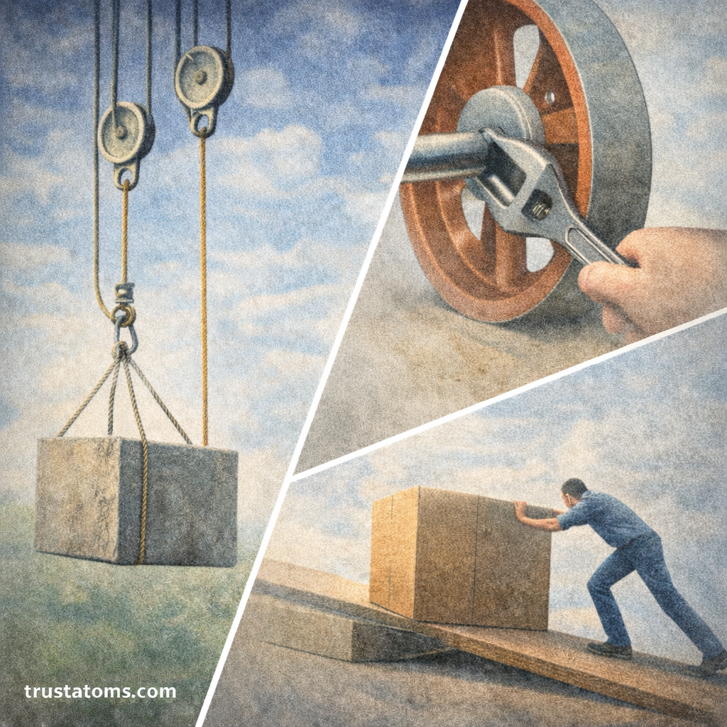 Split illustration showing a pulley lifting a heavy block, a wrench turning a wheel and axle, and a person pushing a box up an inclined plane with trustatoms.com watermark.
