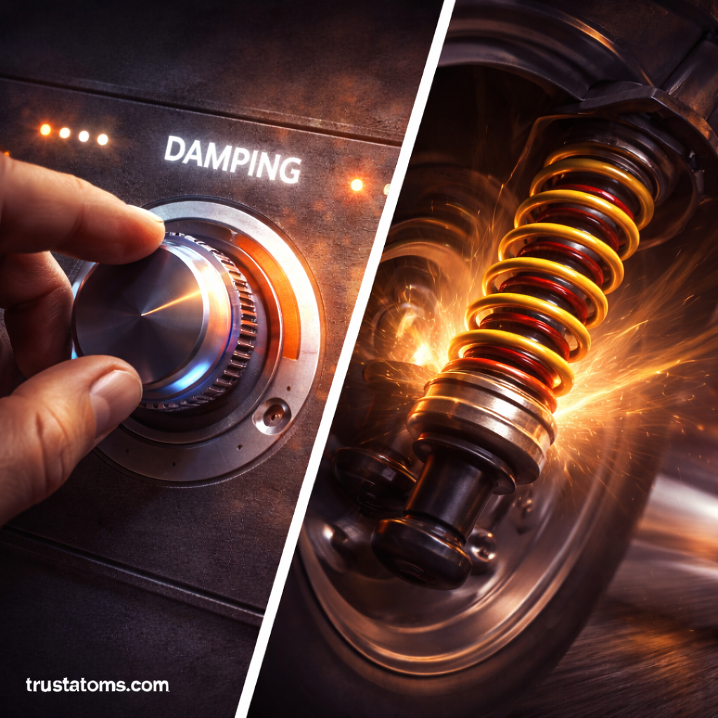 Split illustration showing a damping control dial and a car shock absorber compressing, demonstrating damped oscillations in harmonic systems.
