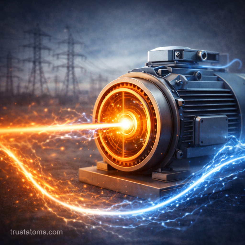 Close-up illustration of an industrial electric motor generating energy, representing mechanical power and energy transfer in physics.