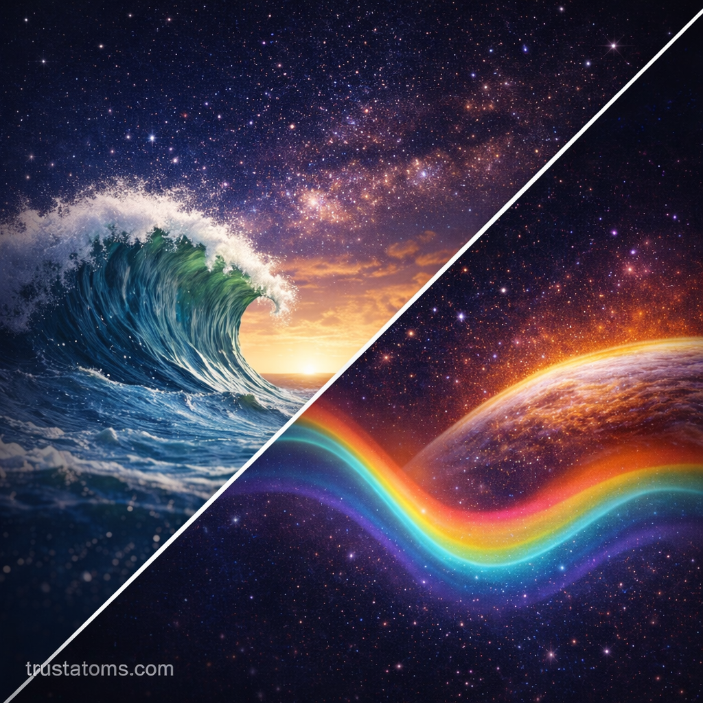 Split illustration comparing mechanical ocean waves with electromagnetic light waves traveling through space.