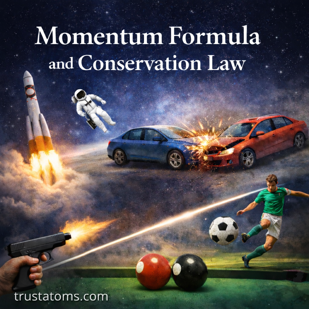 Educational image showing real-world examples of momentum including a rocket launch, astronaut in space, car collision, soccer kick, billiard balls, and a fired bullet, illustrating conservation of momentum.