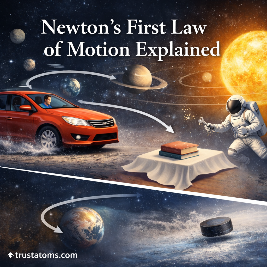 Illustration explaining Newton’s First Law of Motion with examples including a braking car, floating astronaut, book on tablecloth, hockey puck, and planetary motion.