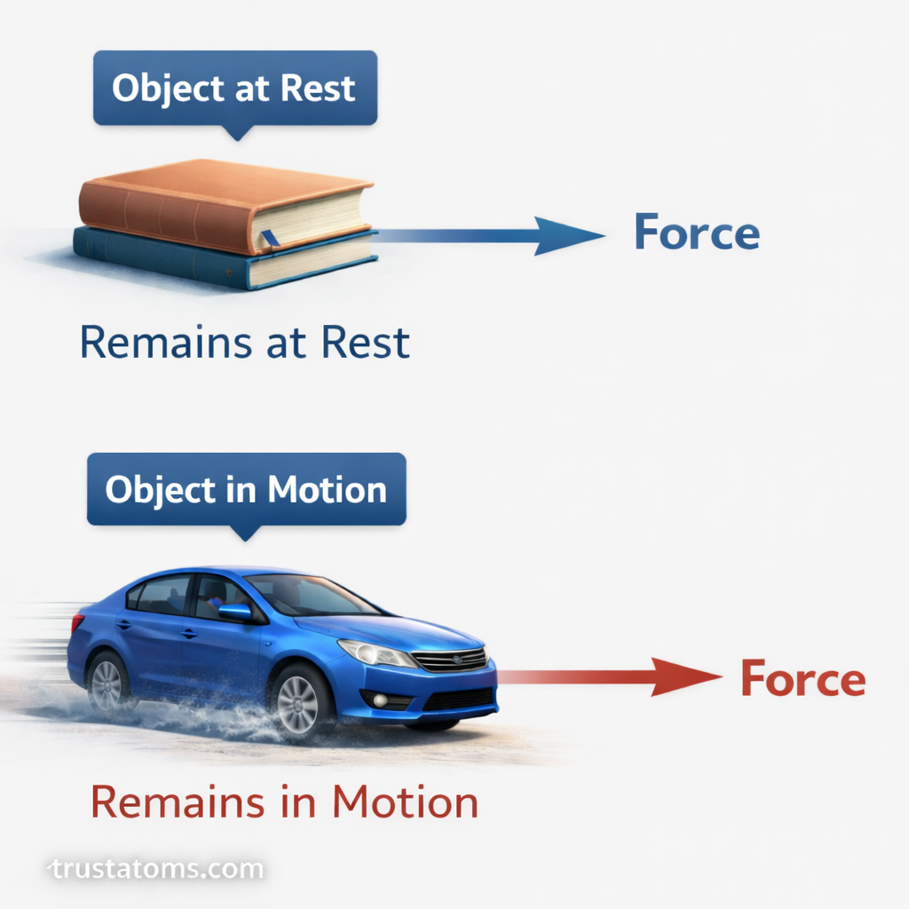 Clean educational diagram showing an object at rest and an object in motion with force arrows demonstrating Newton’s First Law of Motion.