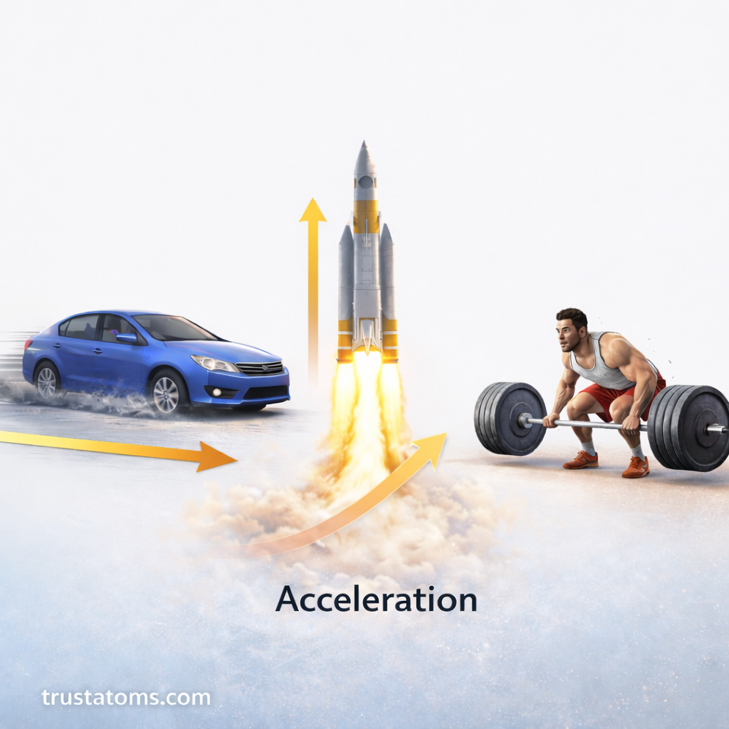 Examples of acceleration in action, including a moving car, rocket launch, and weightlifting scenario. trustatoms.com.