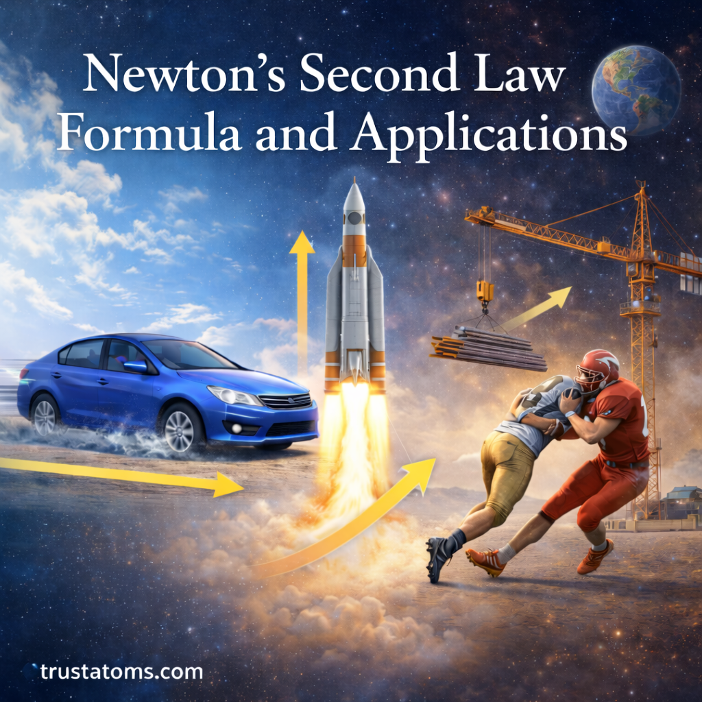Illustration showing Newton’s Second Law with a car accelerating, a rocket launching, construction crane lifting materials, and football players colliding to demonstrate force and motion.