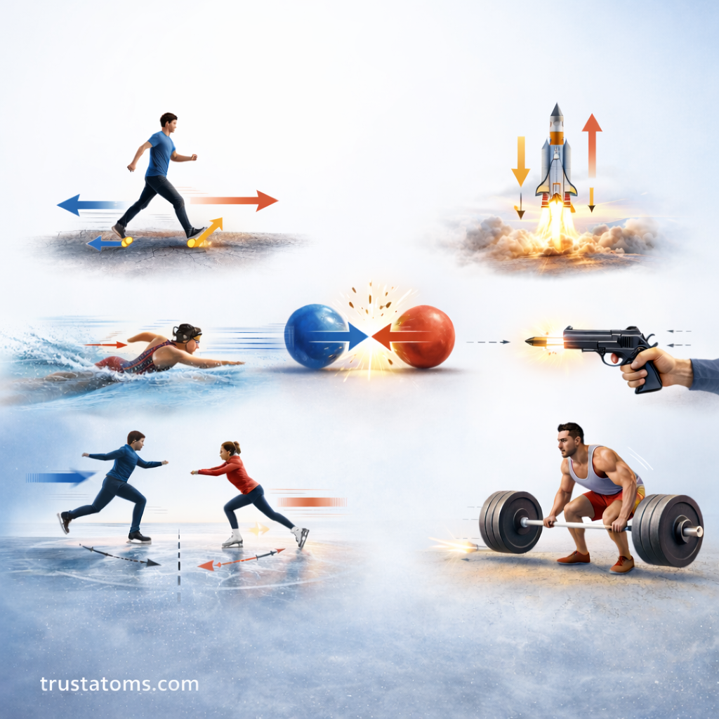 Illustration showing everyday examples of Newton’s Third Law including a runner, rocket launch, swimmer, colliding balls, skaters pushing off each other, and a weightlifter demonstrating action and reaction forces.