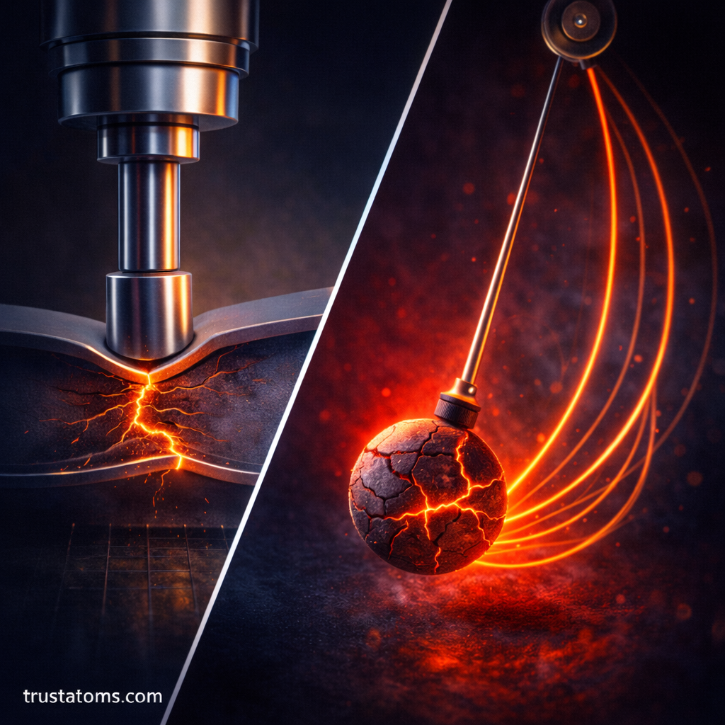 Diagonal split illustration showing structural buckling under compression and chaotic motion of a pendulum in a nonlinear mechanical system.