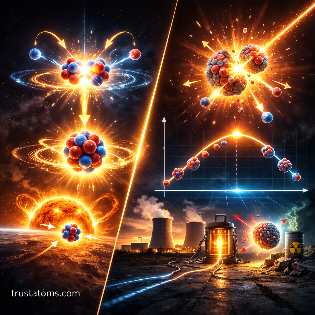 Diagonal split illustration showing a stable atomic nucleus on a scale and an unstable nucleus breaking apart, representing nuclear binding energy and stability, with trustatoms.com watermark.