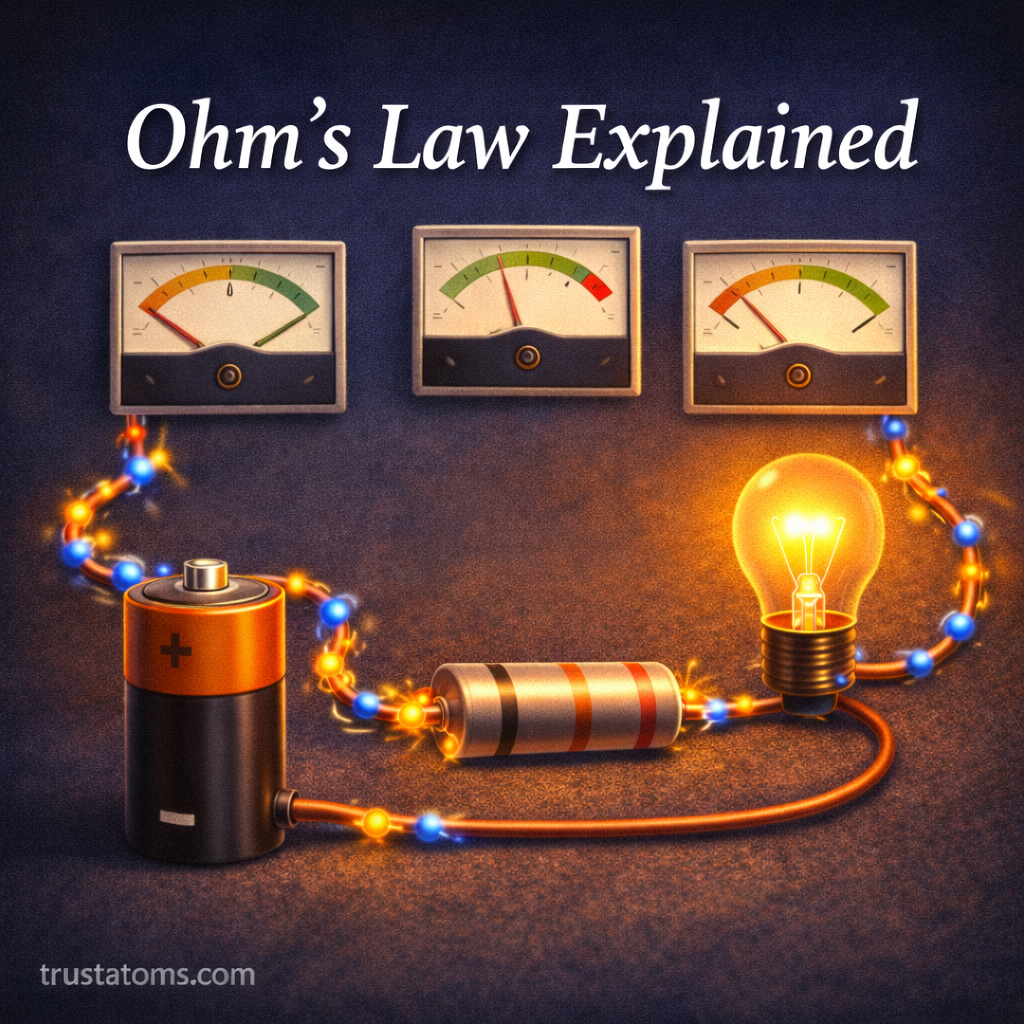 Educational illustration of a simple electrical circuit with a battery, resistor, light bulb, and meters demonstrating Ohm’s Law.
