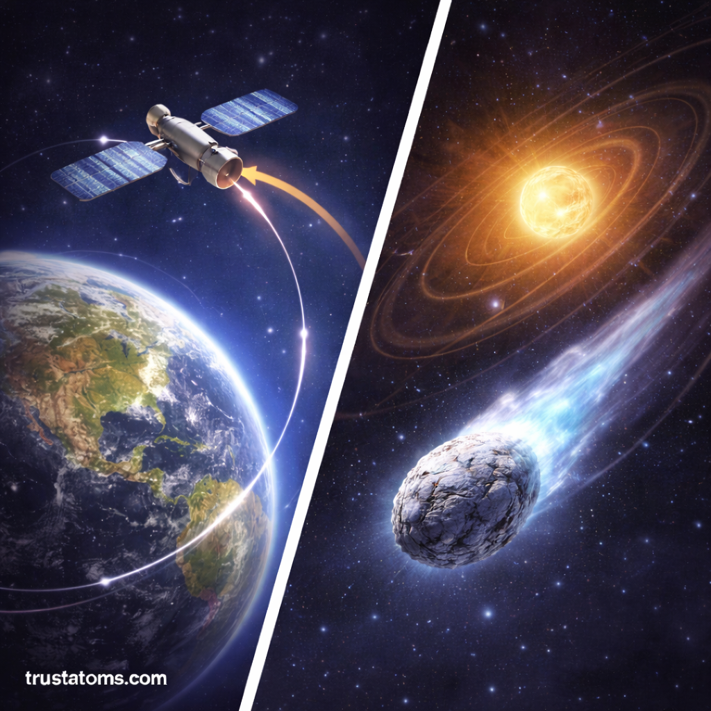 Split illustration showing a satellite orbiting Earth and a comet traveling around the Sun, demonstrating orbital motion in central force systems.