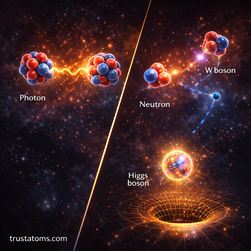 Simple diagonal split illustration showing basic particle interactions in the Standard Model with force exchange and Higgs field concept, trustatoms.com watermark.