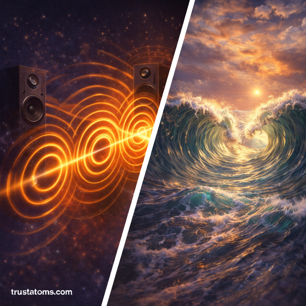 Split illustration showing sound waves from speakers creating interference patterns and ocean waves overlapping to demonstrate phase relationships in wave motion.