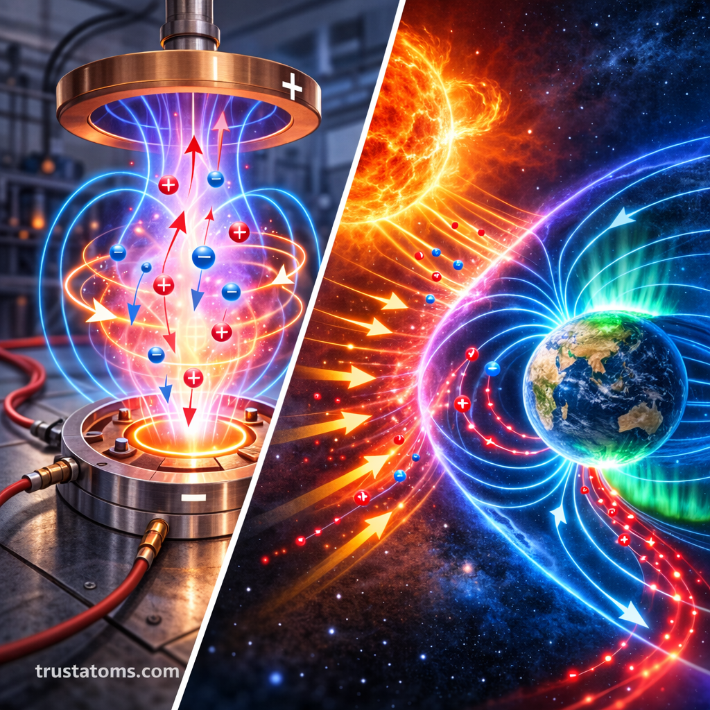 Diagonal split illustration showing plasma inside a laboratory discharge tube and solar wind interacting with Earth’s magnetic field, demonstrating plasma behavior in electromagnetic fields.