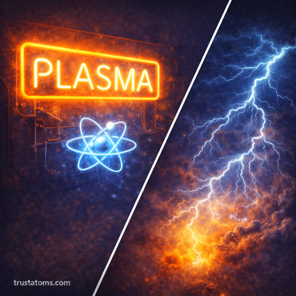 Diagonal split illustration showing glowing neon gas plasma on one side and a lightning strike plasma discharge on the other, with trustatoms.com watermark.