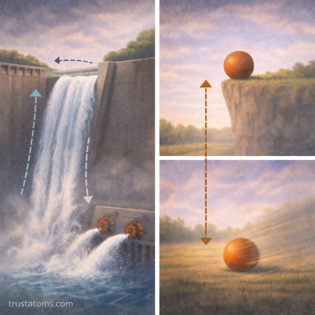 Split illustration showing water stored behind a dam and flowing downward alongside a ball at the top of a cliff and rolling downhill to represent potential and kinetic energy transformation.