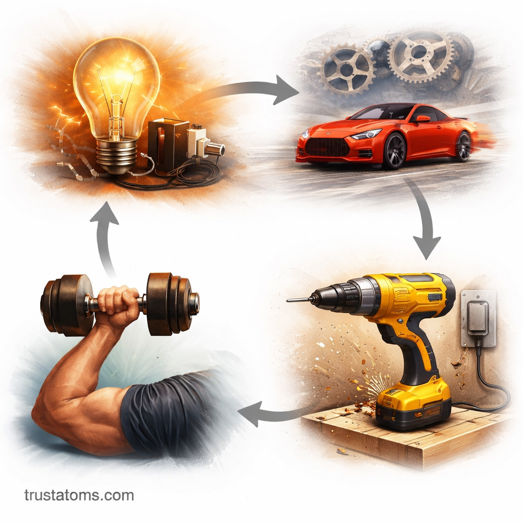 Educational illustration showing real-world examples of power in physics including a light bulb, sports car, weightlifting arm, and electric drill connected in a circular flow.
