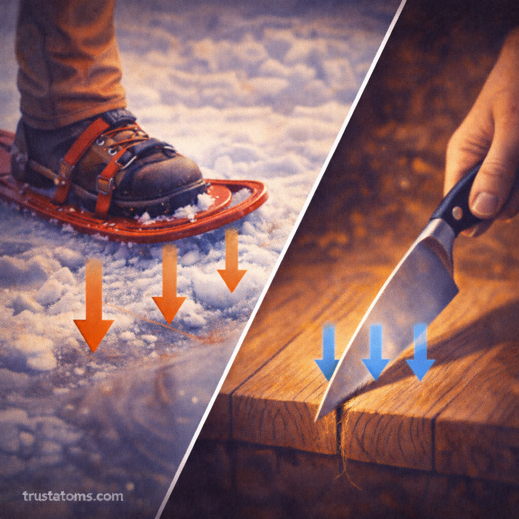Diagonal split illustration showing snowshoes distributing weight over snow and a knife concentrating force on wood, demonstrating pressure in physics, with trustatoms.com watermark.
