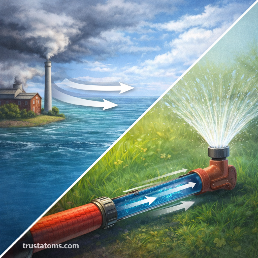 Split illustration showing air moving from high to low pressure on one side and water flowing through a narrowing pipe on the other, demonstrating pressure-driven fluid motion.