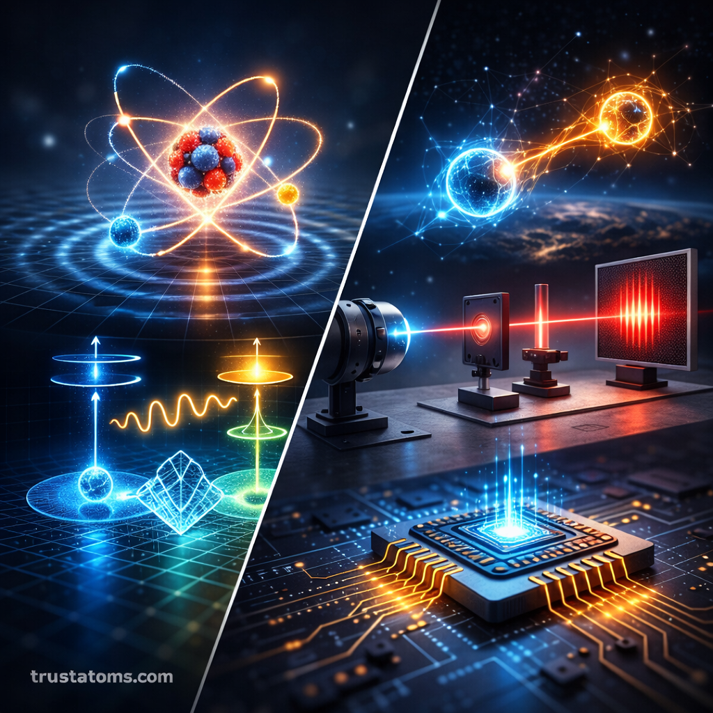 Diagonal split illustration showing an atomic model with energy levels on one side and quantum technology including laser optics and a microchip on the other.
