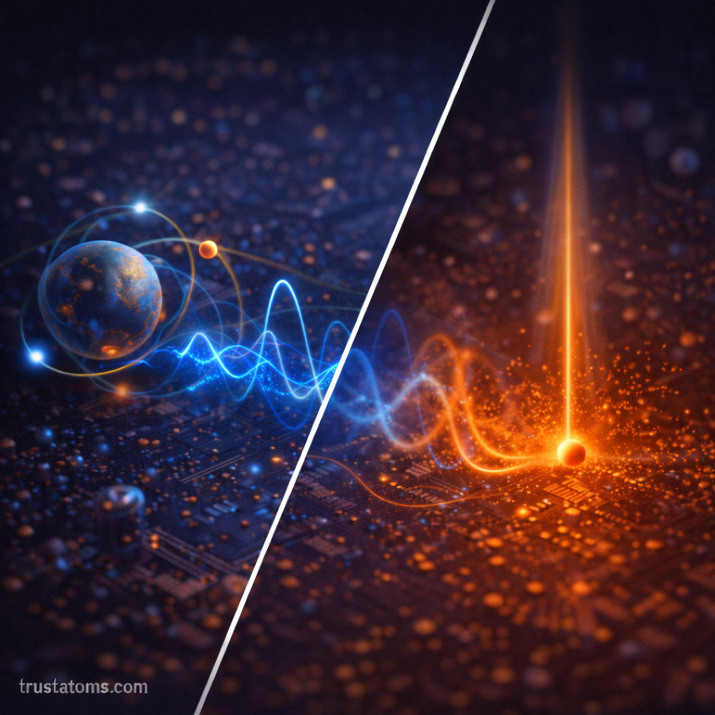 Diagonal split illustration showing quantum superposition on one side and measurement collapse on the other in a simplified quantum physics scene.