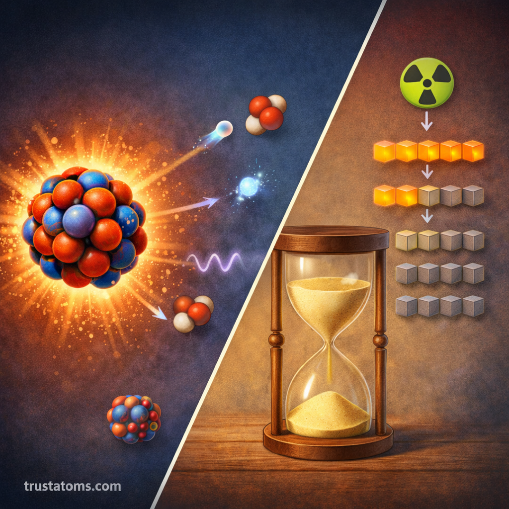 Split illustration showing an unstable atomic nucleus emitting radiation on one side and a visual half-life progression with an hourglass and decreasing blocks on the other, with trustatoms.com watermark.
