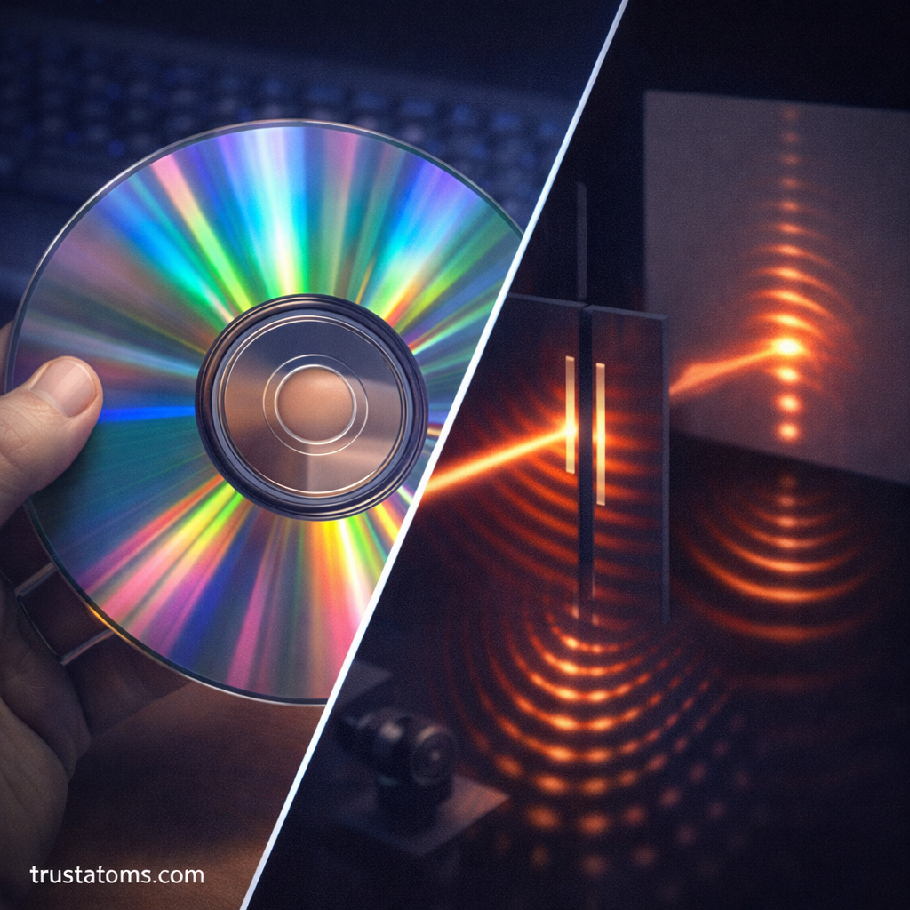 Diagonal split illustration showing rainbow diffraction on a compact disc and a laser double-slit interference pattern on a screen.