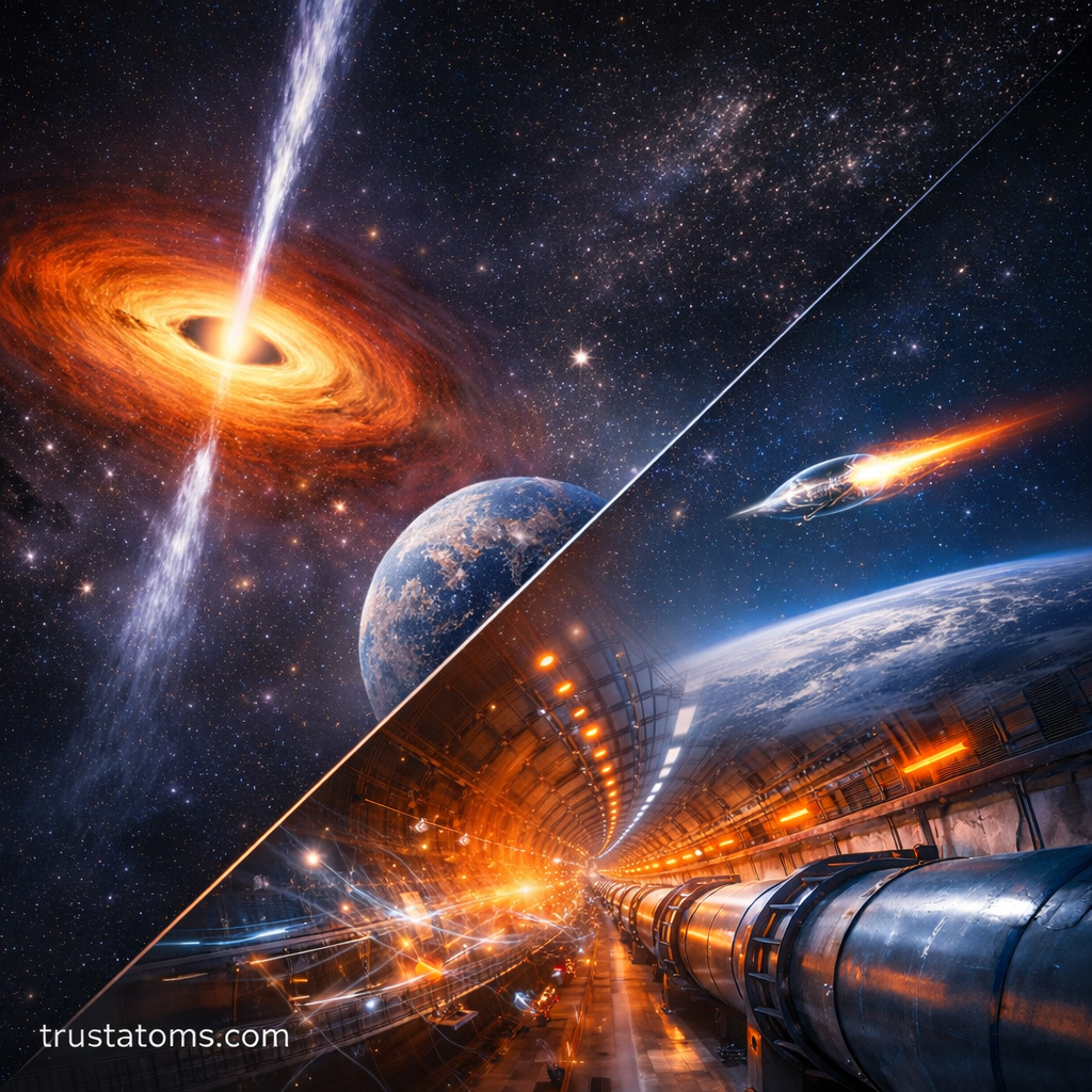 Diagonal split illustration showing a relativistic jet from a black hole and a high-speed spacecraft with particle accelerator imagery, representing relativistic momentum in extreme environments with trustatoms.com watermark.