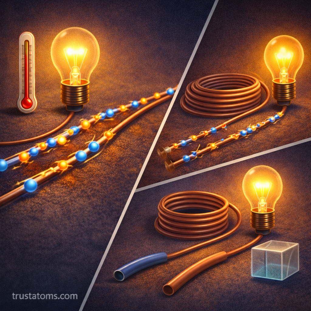 Split diagram showing how wire thickness, length, and temperature affect electrical resistance and light bulb brightness.