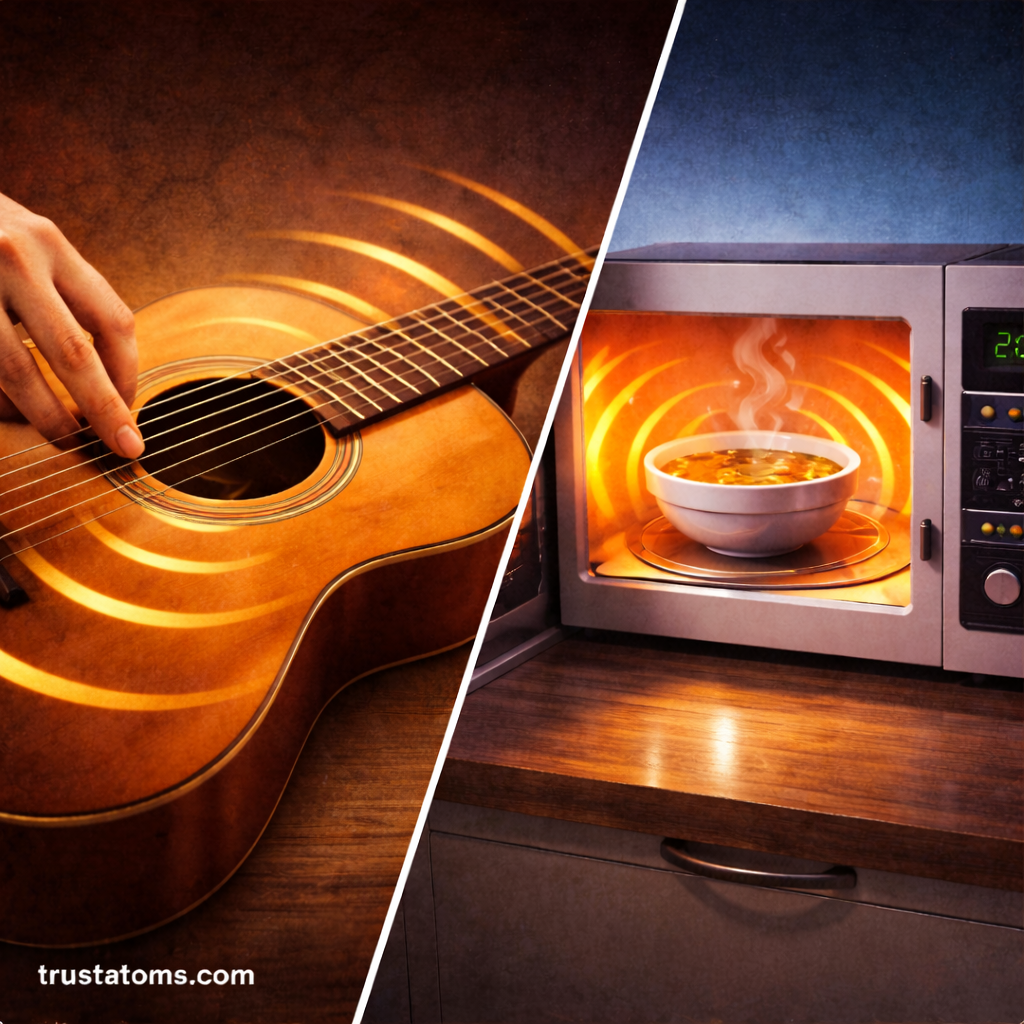 Split illustration showing a vibrating guitar string on one side and a microwave heating food on the other, demonstrating mechanical and electromagnetic resonance.