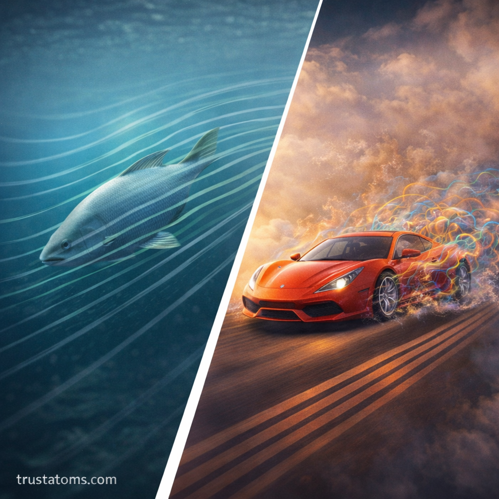 Diagonal split illustration showing a fish swimming in smooth laminar water flow on one side and a fast-moving sports car surrounded by turbulent air on the other.