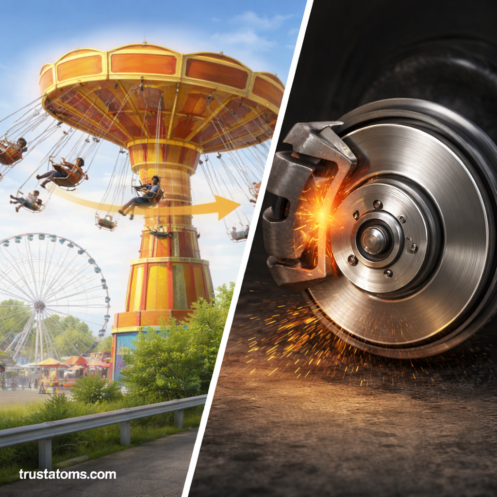 Split illustration showing a rotating carousel ride and a car brake disc slowing down, demonstrating rotational motion and angular deceleration in rigid bodies.