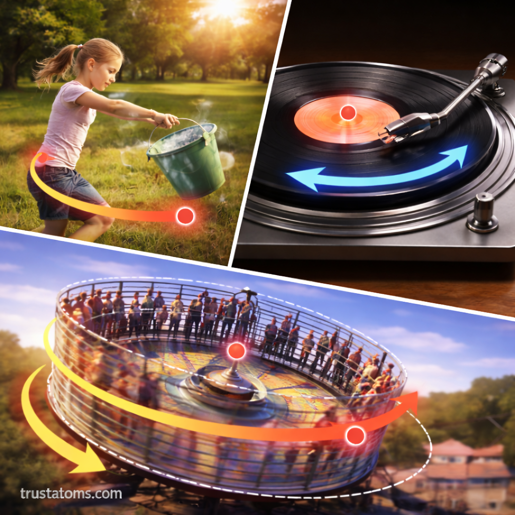 Split illustration showing a child swinging a bucket, a spinning vinyl record on a turntable, and an amusement park ride demonstrating rotational motion, with trustatoms.com watermark.