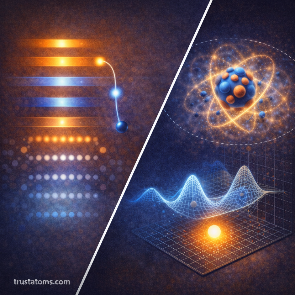 Diagonal split illustration showing discrete atomic energy levels on one side and an electron probability cloud with wave surface on the other, with trustatoms.com watermark.