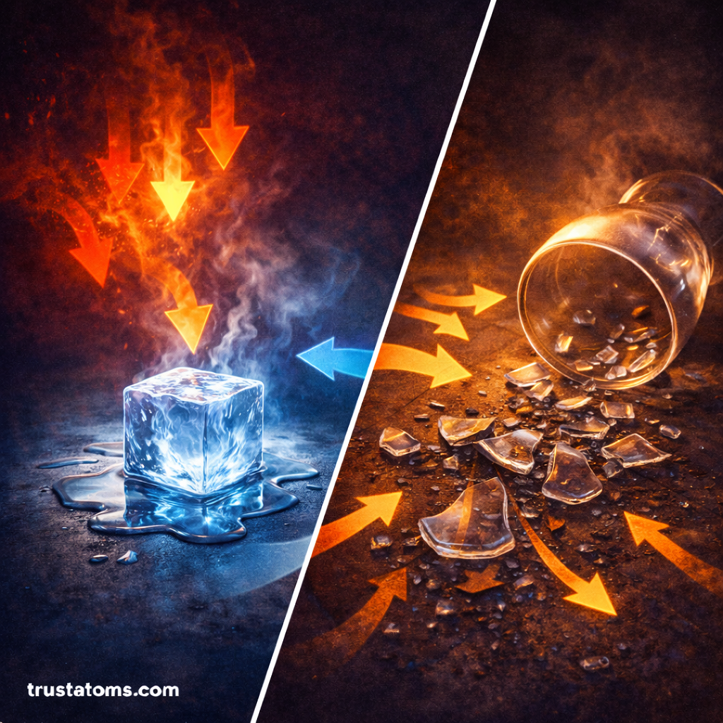 Split illustration showing a melting ice cube absorbing heat on one side and a shattered glass with fragments spreading outward on the other, representing entropy increase.