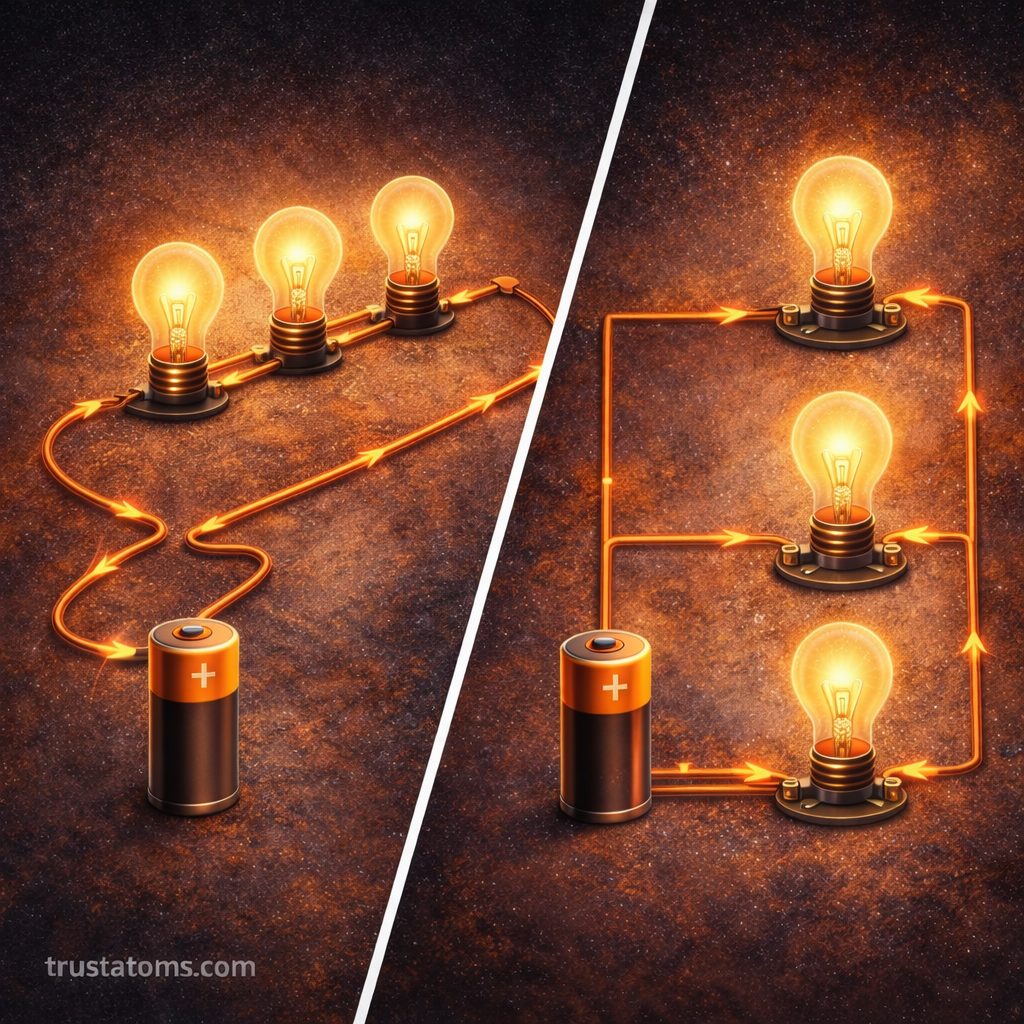 Diagonal split illustration comparing a series circuit with three bulbs in one path and a parallel circuit with three bulbs on separate branches, powered by batteries, with trustatoms.com watermark.