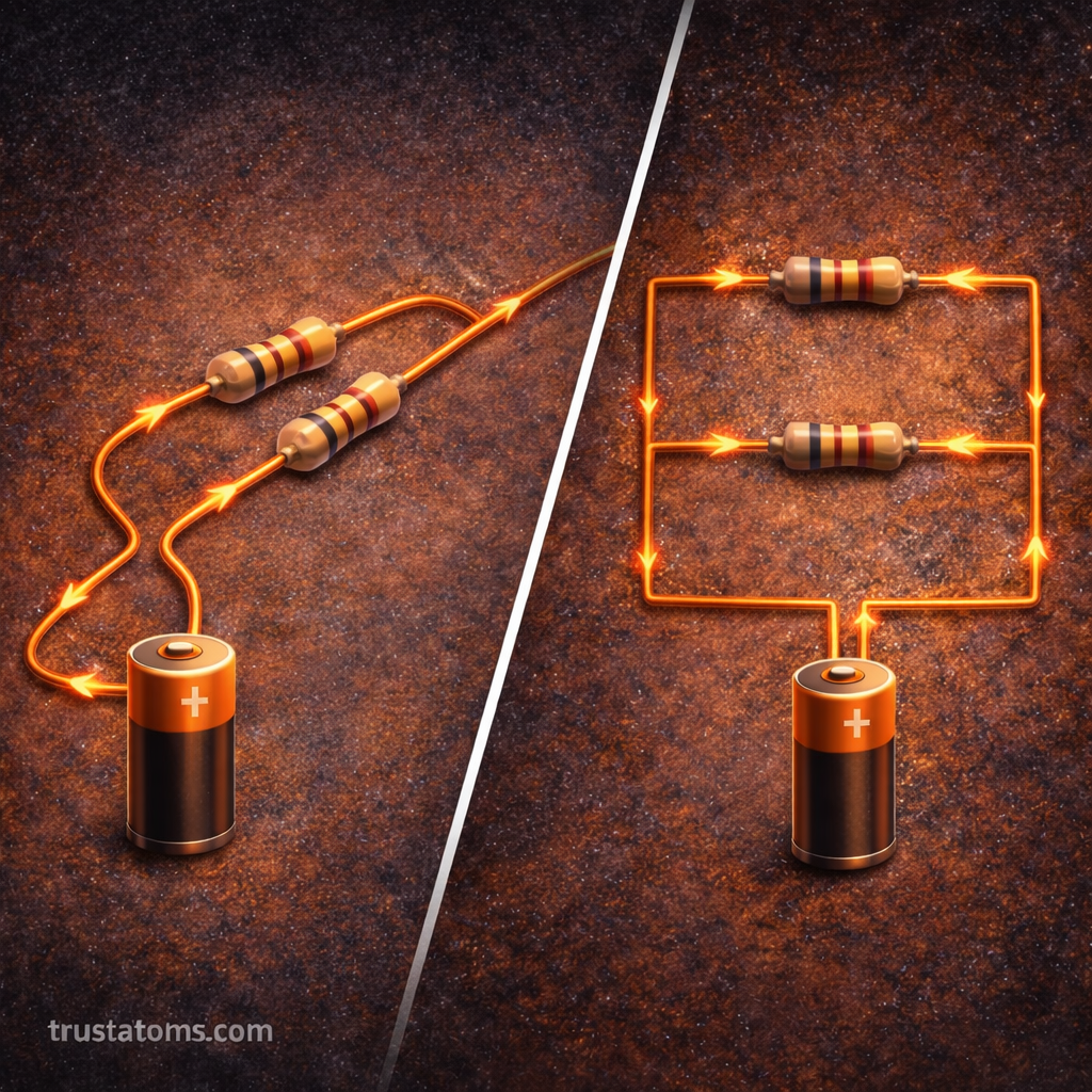 Diagonal split illustration comparing resistors in a series circuit and resistors in a parallel circuit powered by batteries, showing different current paths, with trustatoms.com watermark.