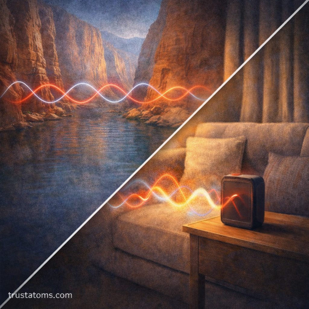 Split illustration showing sound wave reflection in a canyon and sound absorption in a living room with soft furniture.