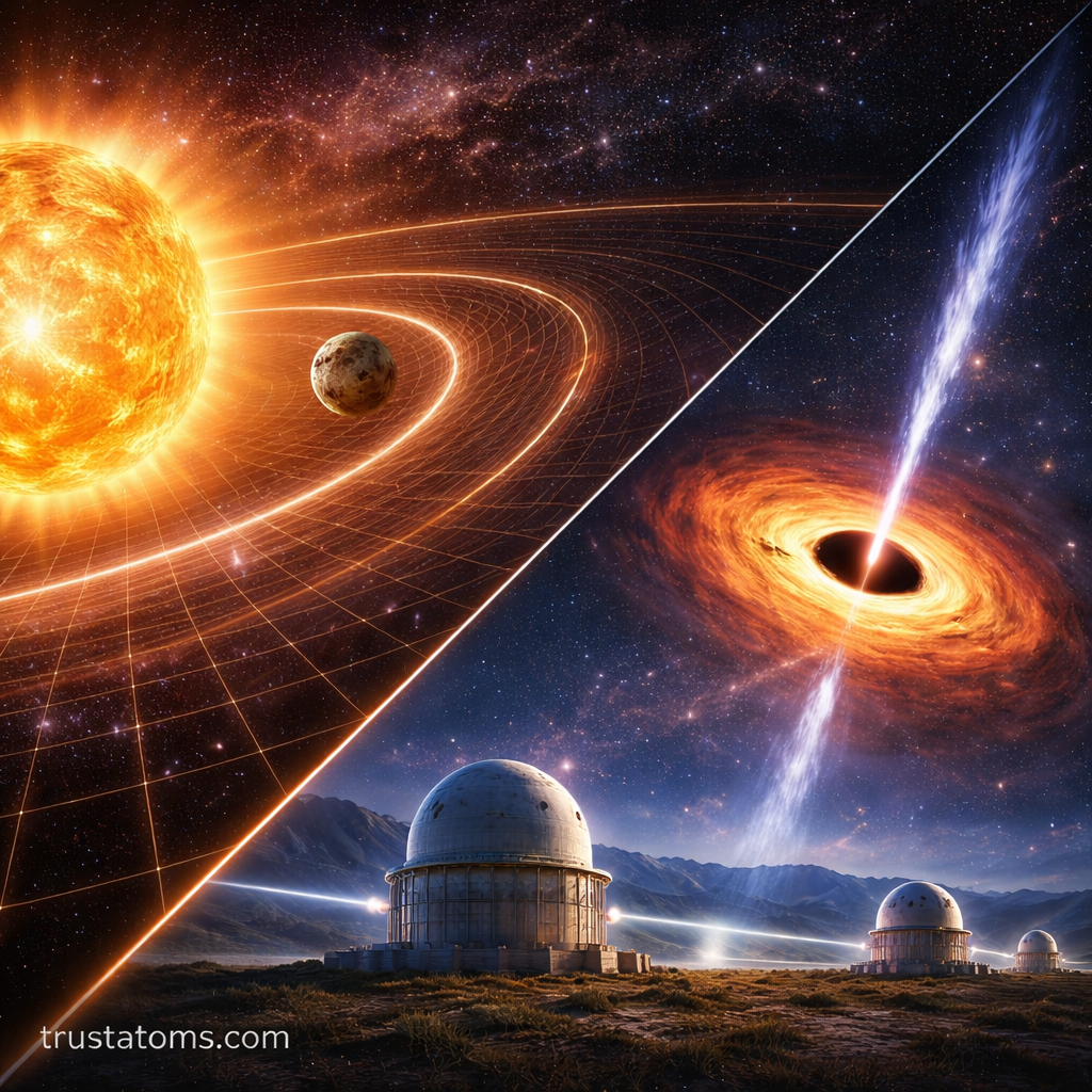 Diagonal split illustration showing Mercury orbiting the Sun with curved spacetime grid and a black hole with jet emission and observatory domes, representing spacetime curvature in general relativity, trustatoms.com watermark.