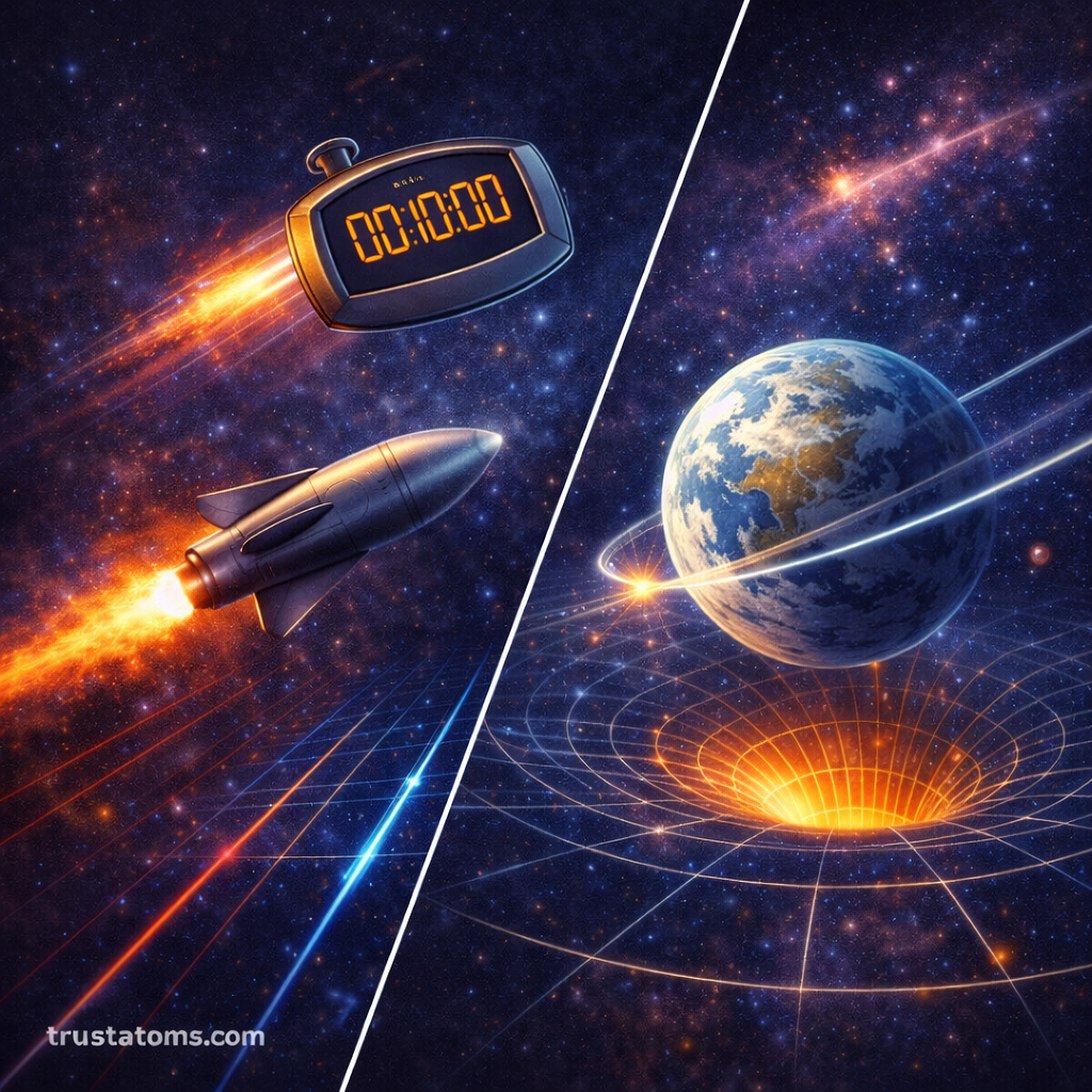 Diagonal split illustration showing a fast-moving rocket with a stopwatch representing time dilation on one side and spacetime curvature around a planet on the other.