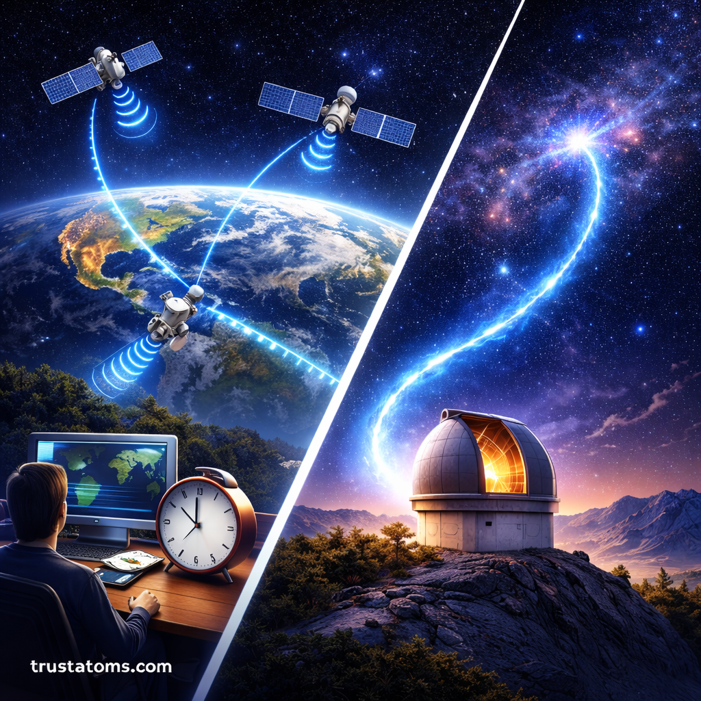 Diagonal split illustration showing GPS satellites communicating with Earth and a researcher monitoring signals on one side, and light from a distant galaxy reaching a mountain observatory on the other.