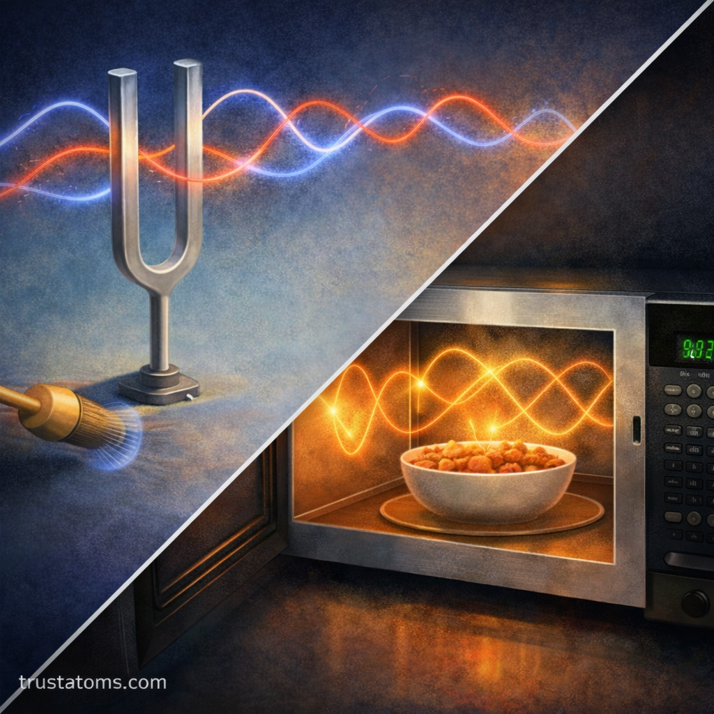 Split illustration showing standing waves from a tuning fork in air and electromagnetic standing waves inside a microwave oven cavity.