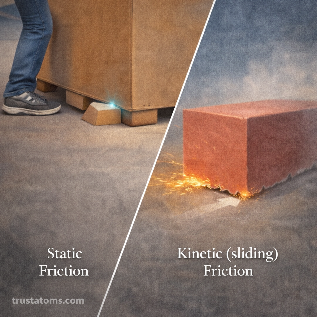 Diagonal split illustration comparing static friction holding a box in place and kinetic friction as a block slides across a surface, with trustatoms.com watermark.