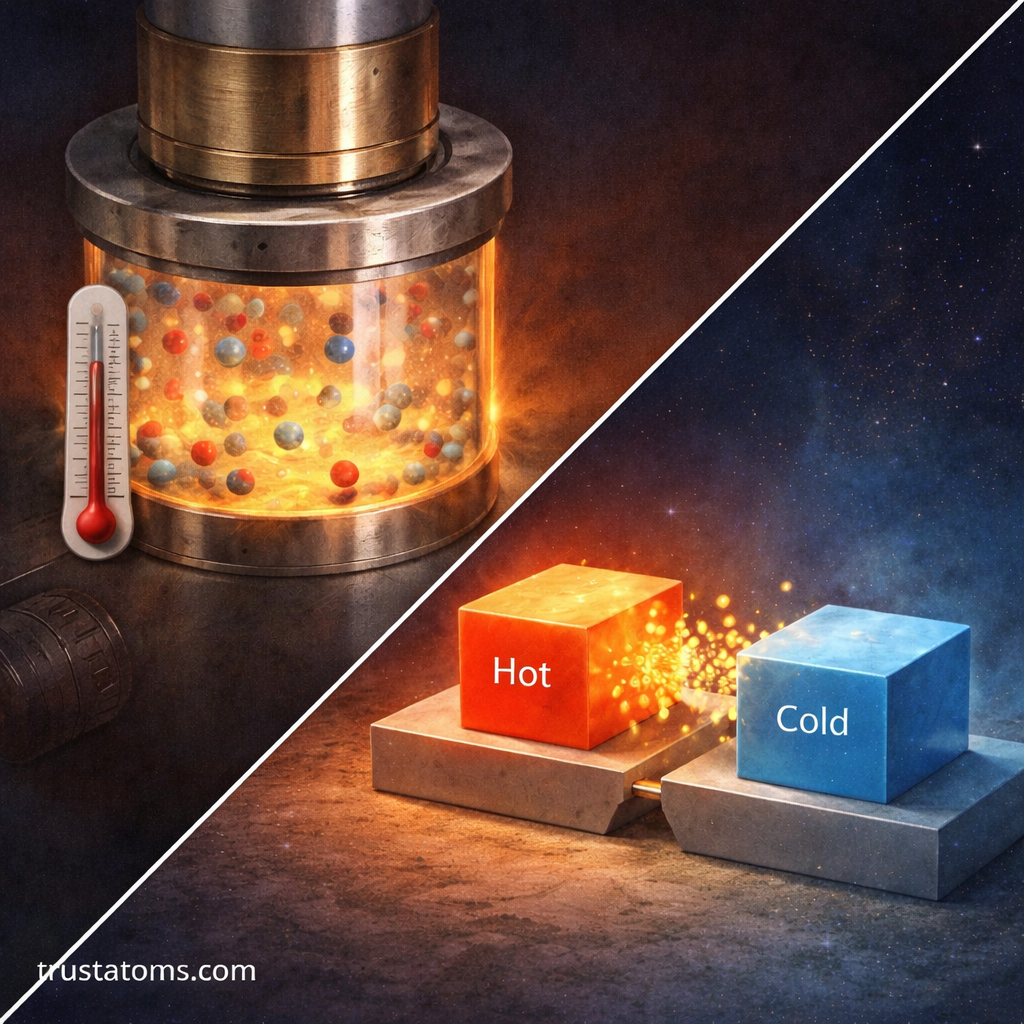 Diagonal split illustration showing gas particles in a heated piston cylinder and heat transfer between hot and cold metal blocks, statistical thermodynamics concept, trustatoms.com.