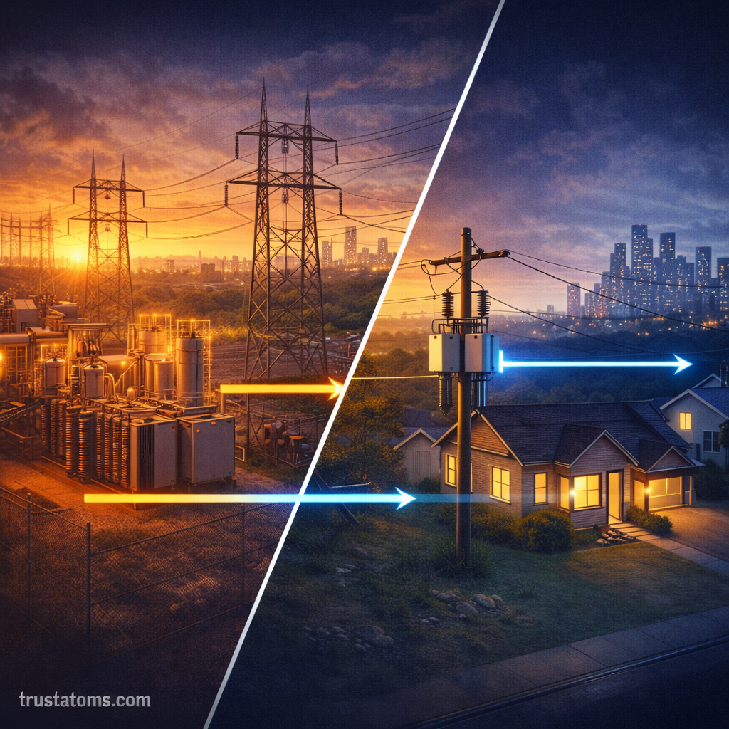 Diagonal split illustration showing electrical substation equipment on one side and residential neighborhood power distribution on the other.