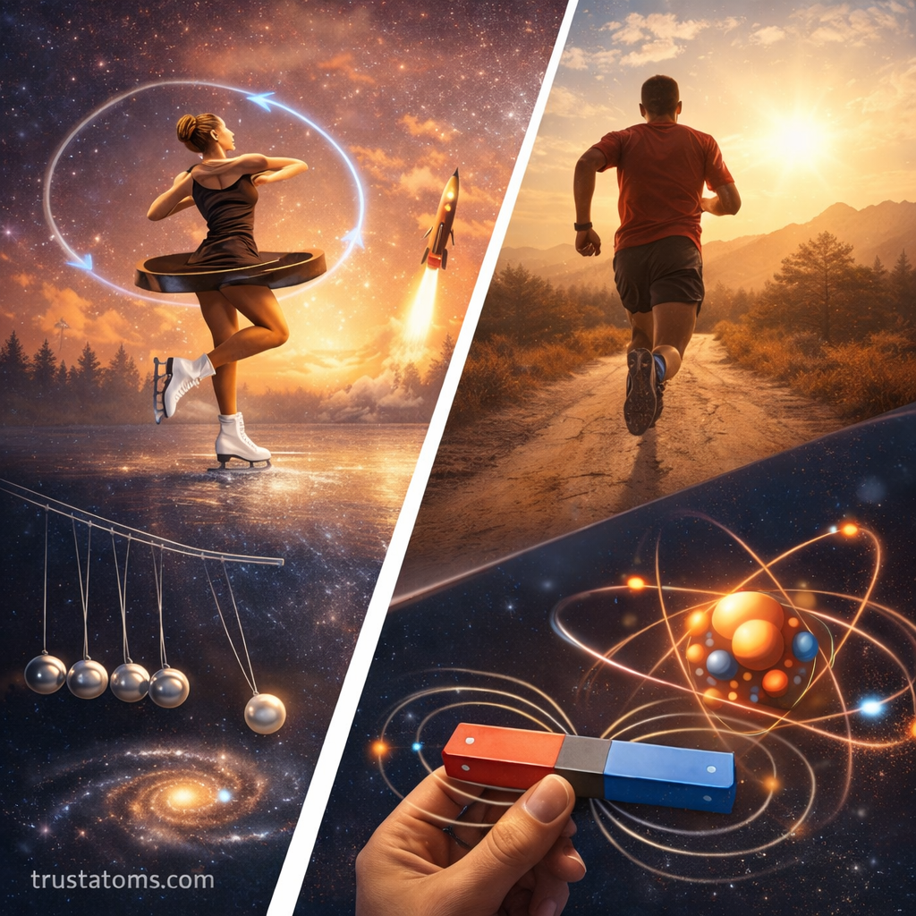 Split illustration showing a spinning ice skater and Newton’s cradle on one side and a runner with a magnet and atomic model on the other, representing conservation of momentum, angular momentum, and charge.