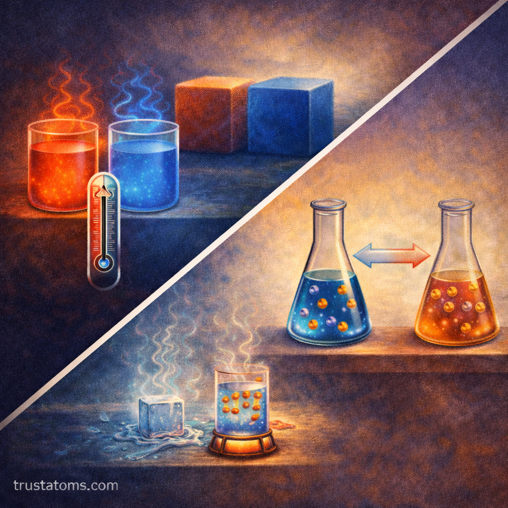 Split illustration showing thermal equilibrium between hot and cold substances and chemical equilibrium between reacting solutions in flasks.
