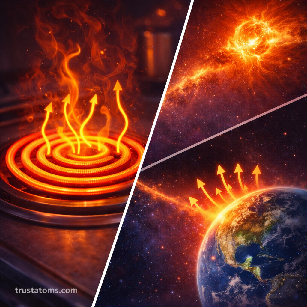 Diagonal split illustration showing a glowing electric stove coil emitting heat and Earth radiating infrared energy into space, demonstrating thermal radiation in everyday and planetary systems.